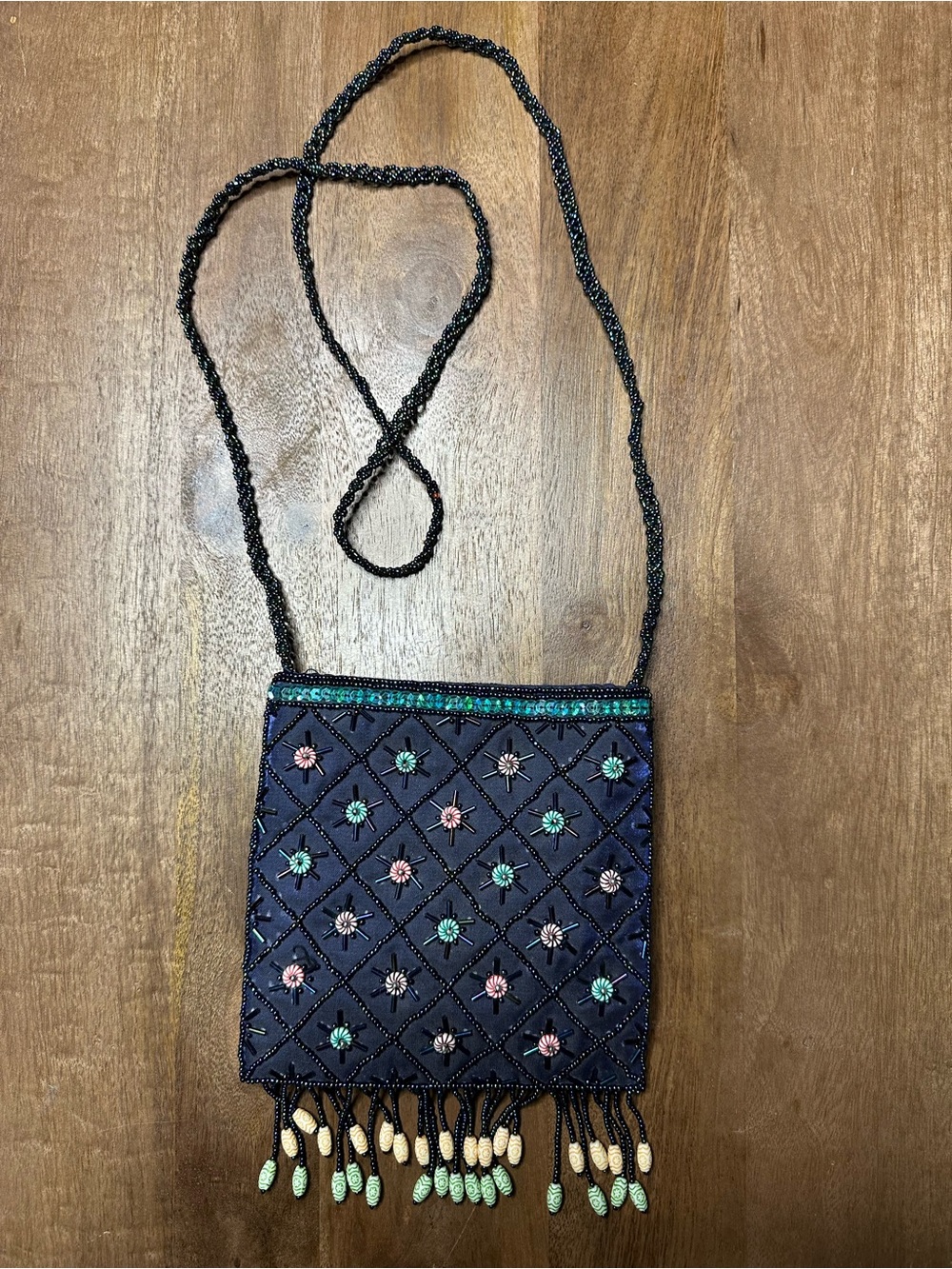 Beaded Navy Crossbody Bag with Teal & Pink Accents